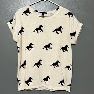 Forever 21 Cream Linen Blend Top with Black Horse Design.